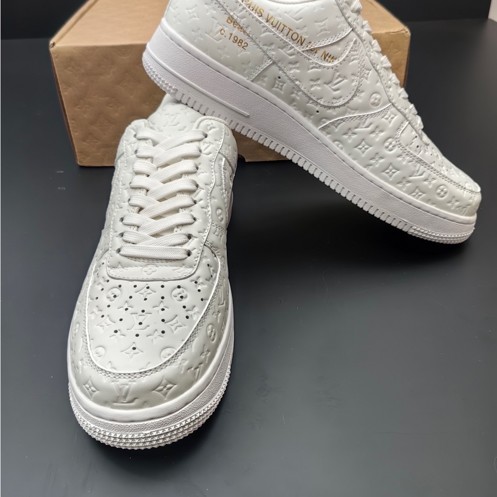 Louis Vuitton White Monogram Embossed Low-Top Sneakers with Gold Script